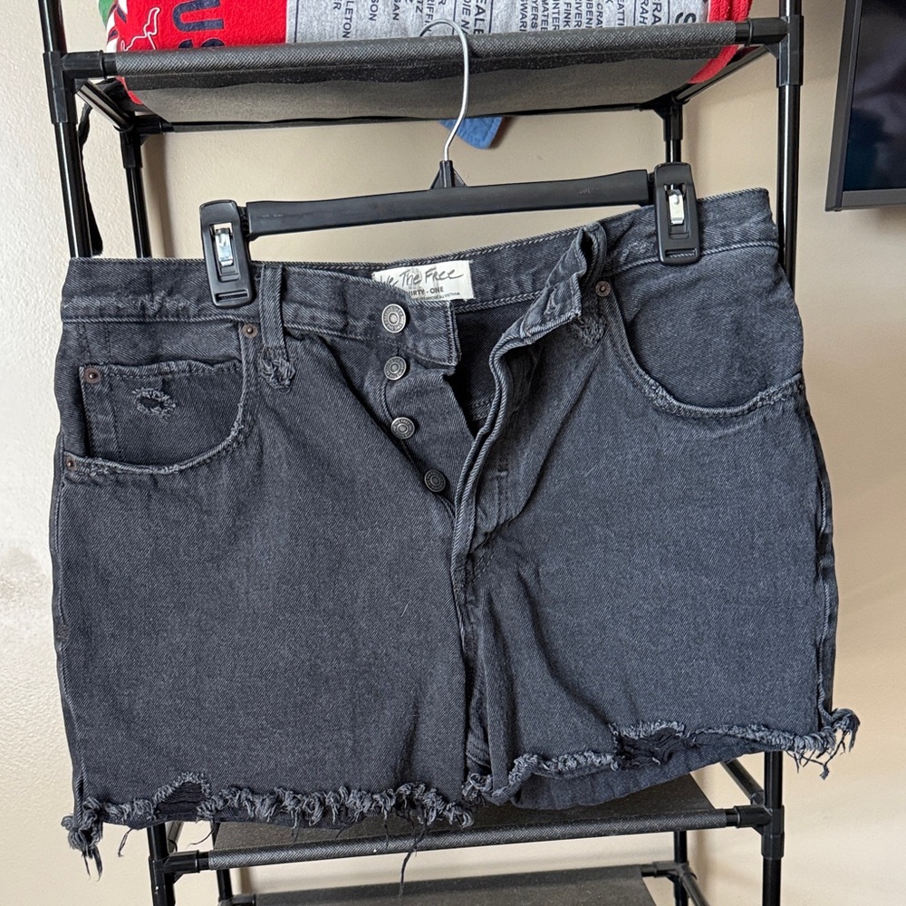 Free People Washed Black Frayed Hem Denim Shorts